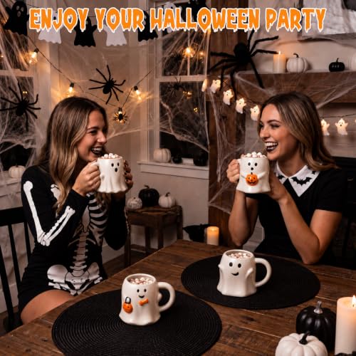 Halloween Ghost Coffee Mug Set - 14 oz Ceramic Stackable Cute Ghosts & Pumpkins - 4 Pack