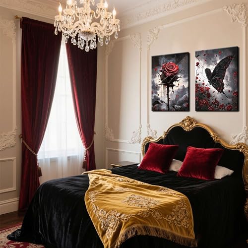 Gothic Crow Wall Art Set - 3 Pieces Canvas Prints with Roses & Skulls, Framed Halloween Decor, 16x12 inches - Crow Rose Variation