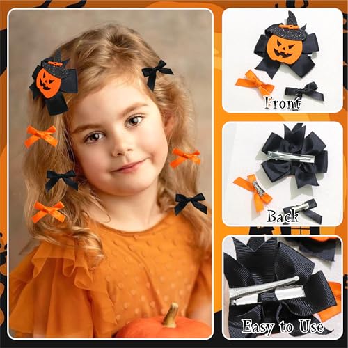 Halloween Hair Clips Set 18 Pcs Pumpkin Bows & Barrettes - Black & Orange