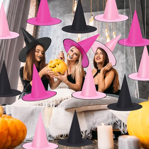 Pink Black Hanging Witch Hats Halloween Decorations - Set of 18