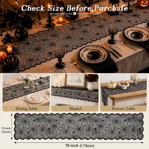 Halloween Black Lace Spider Web Table Runner 13x70 Inch - Spooky Decor