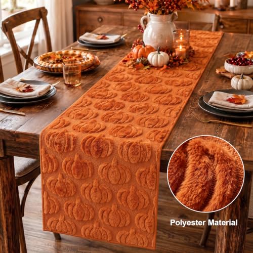 Caramel Fall Table Runner with 3D Pumpkin Decor - 13x72 Inch Autumn Thanksgiving
