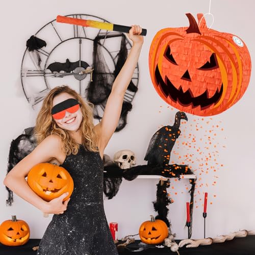 Halloween Pumpkin Piñata with Stick & Confetti - Orange Folding Party Decoration - Pumpkin Variation