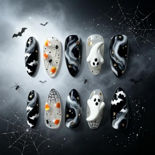 Halloween Press On Nails Medium Almond Spider Web Ghost Set - Multicolor 46