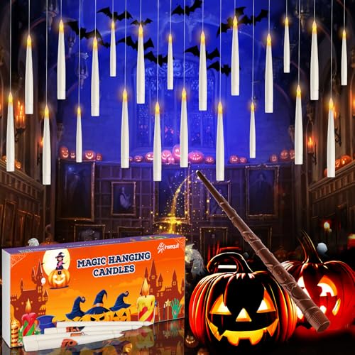 Floating Candles with Wand Remote Control - 20 Pcs Halloween Hanging Decor