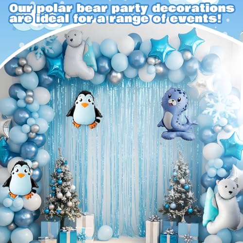 Winter Balloon Arch Kit with Polar Bear Penguin Seal Decorations - Blue, White, Silver, Variation