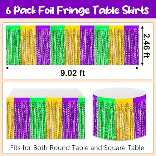 Gold Green Purple Wave Foil Fringe Table Skirts Set - 6 Pack, 29x108 Inches, Party Decorations