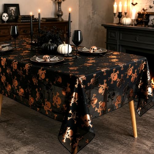 Halloween Skull Tablecloth 64x72 Inch Black and Gold Gothic Party Decor