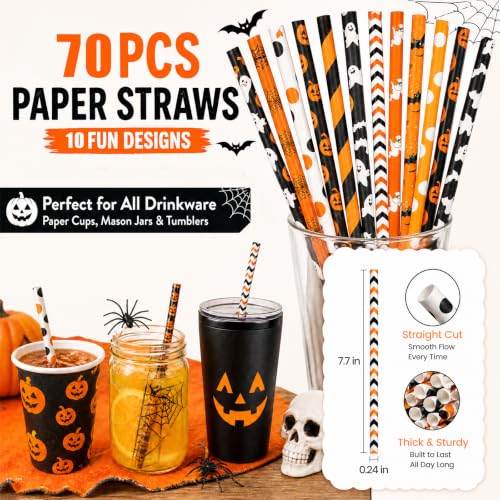 Orange & Yellow Halloween Paper Drinking Straws 70 Pack - Spooky Party Supplies