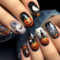 Halloween Press-On Nails Long Square Fake Nails with Ghost Pumpkin Spider Web Bat Designs - Black White Orange, 24Pcs - Variation 4