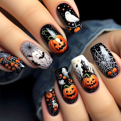 Halloween Press-On Nails Long Square Fake Nails with Ghost Pumpkin Spider Web Bat Designs - Black White Orange, 24Pcs - Variation 4