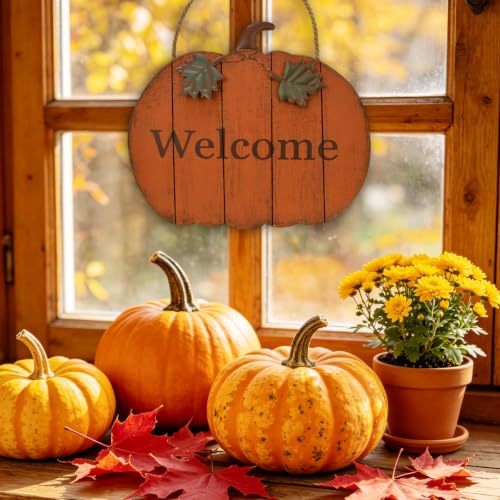 Small Wooden Pumpkin Welcome Sign Hanging Fall Decor for Front Door