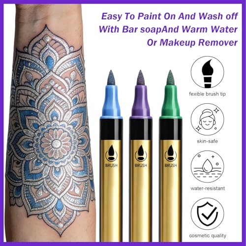 Ponhey Multicolor Temporary Tattoo Markers Set with 30 Metallic Pens & 67 Stencils