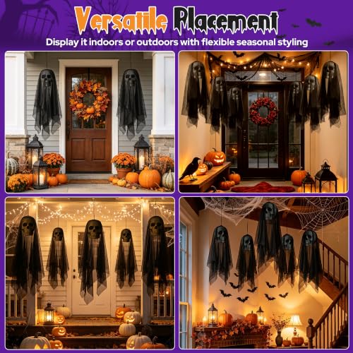 Halloween Hanging Skeleton Skull Decor Set - Black Ghost and Grim Reaper Props
