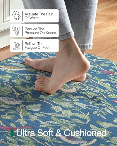 Anti-Fatigue Kitchen Mat 24x87 Inches with Blue Floral Design, 0.4" Thick
