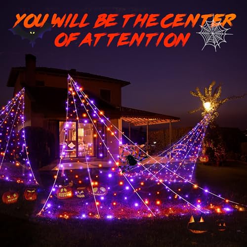 Halloween Outdoor Spider Web Decorations 19.7ft x 14.7ft Lighted Web with Purple & Orange LEDs, 8 Modes, Timer, Waterproof – White Cord Variation