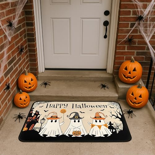 Halloween Ghost Kitchen Rugs Set - Black & White Non-Slip Absorbent Floor Mats, 2-Piece, 17x47 & 17x30 inches - Variation Blackwhite-1