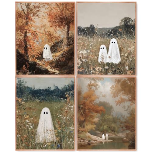 Ghost Wall Art Prints Set of 4 - Vintage Floral Halloween Fall Farmhouse Unframed 8x10in White & Black