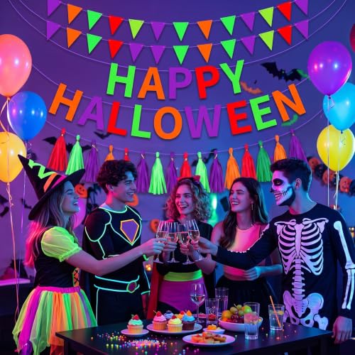 Glow in The Dark Halloween Banner Set - Neon Party Decorations for Walls & Tables