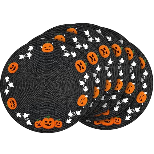 Halloween Round Placemats Set of 6 - Embroidered Pumpkin and Ghost Table Decor