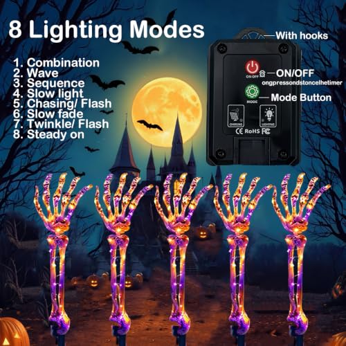 Solar Halloween Pathway Lights 5-Pack with Skeleton Arms, 250 LEDs, 8 Modes
