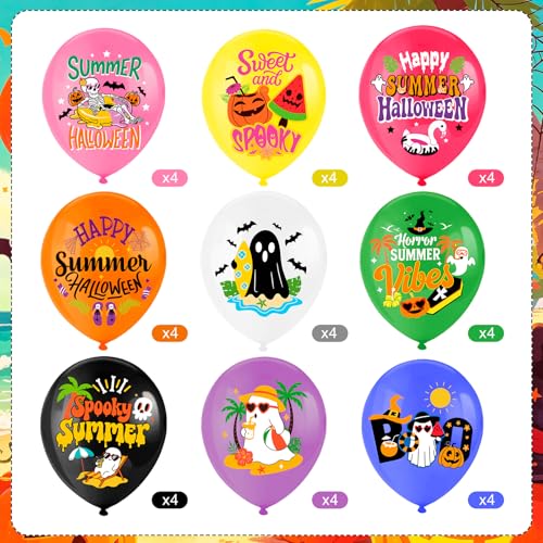 Summer Halloween Balloons Set with Tropical Ghosts and Spooky Designs - 36 pcs