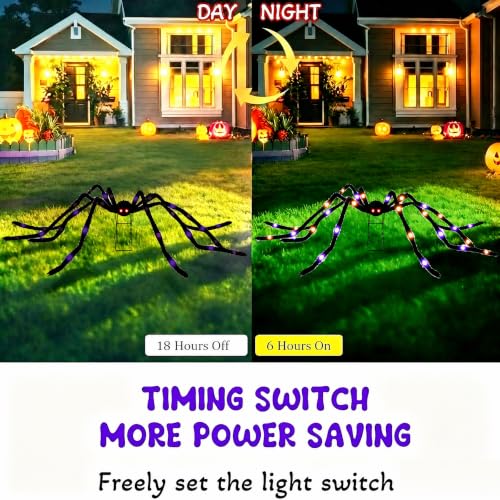 1 Pack 8 Modes Light-Up Halloween Giant Spider - 5 Ft with Purple & Orange Lights, Outdoor Yard Decor