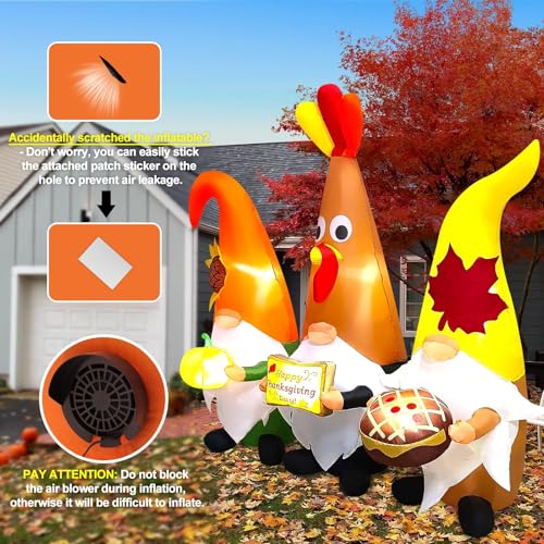 Thanksgiving Inflatable Gnome with LED Lights - Fall Yard Decoration, 7FT - Thanksgiving Day Outdoor Decor - Variation of Thanksgiving Three Gnome