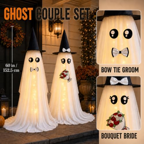 White Lighted Halloween Ghost Decorations Set of 2 - 59 Inch Couple Ghosts