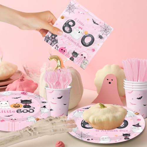 Pink Halloween Baby Shower Dinnerware Set - Plates Napkins Cups for Girl Party, 144pcs