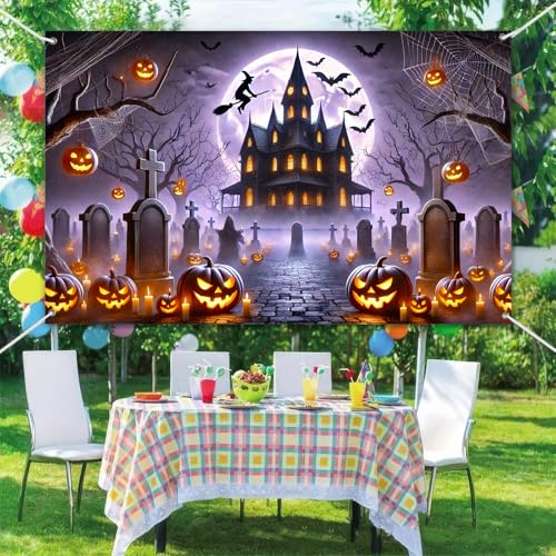 Halloween Backdrop Witch Graveyard Banner - 71 x 43 Inches for Party & Photo Booths