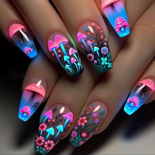 Mushrooms Press On Nails - Medium Flower False Nails Ballet Style Colorful Design