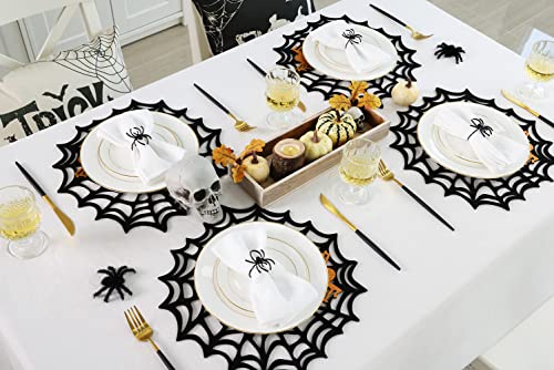 Halloween Spider Web Placemats Set of 4 - Black & Orange Glitter Felt Spiders