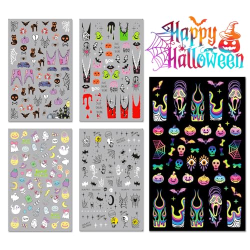 Halloween Nail Art Stickers Mix - Gradient Pumpkin Horror Mask Spider Web Design, 3D Self-Adhesive Decals, 5 Sheets