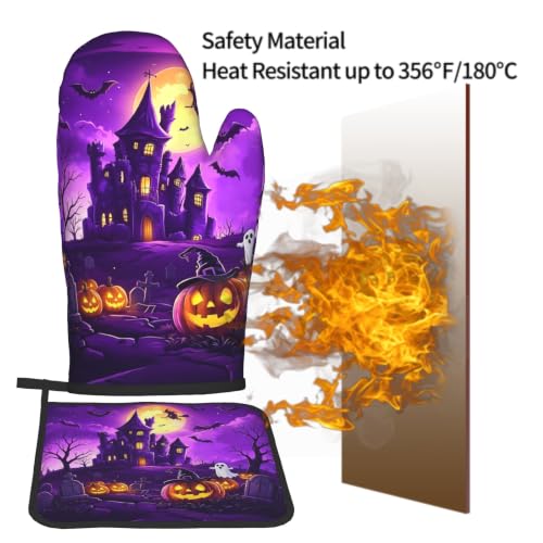 Halloween Purple Castle Oven Mitts and Pot Holders Set - Witch Bat Ghost Heat-Resistant Kitchen Gloves, 11"L x 7"W