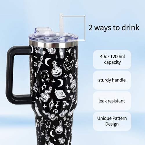 40oz Gothic Travel Tumbler with Handle & Straw - Halloween Gift, Black & Goth Variation
