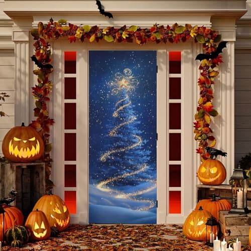 Christmas Tree Door Cover - Blue Holiday Door Decor 35x79 In - Stretch Fabric