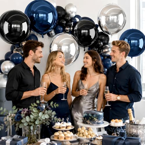 Navy Blue Black Silver 22 Inch Round Foil Balloons - 6 Pack, Giant 4D Party Decor