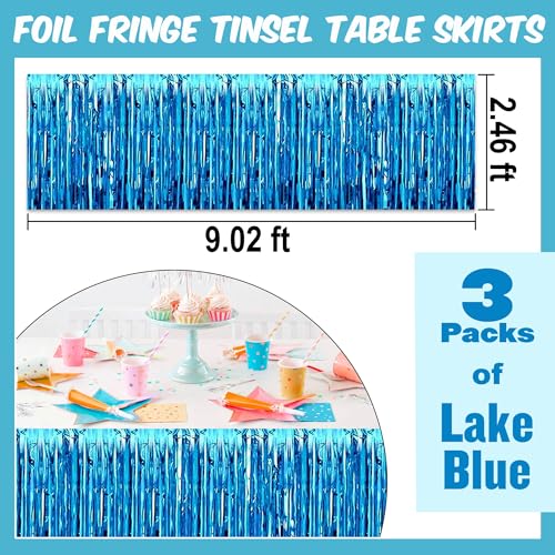 Lake Blue Foil Fringe Table Skirts 3 Pack - Metallic Tinsel Streamers for Party Decor