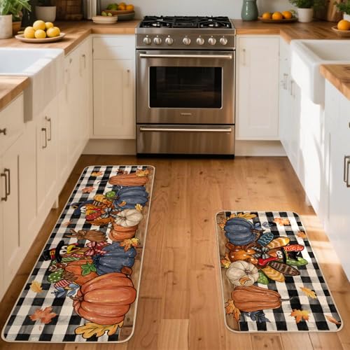 Fall Harvest Thanksgiving Kitchen Rugs Set of 2 - Non-Slip Floor Mats for Indoor & Outdoor Use