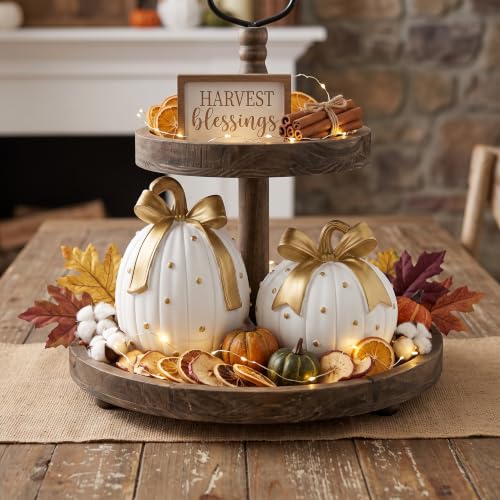 White and Gold Pumpkin Decor Set - 2 Fall Thanksgiving Figurines