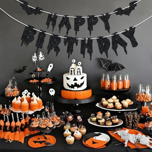 Halloween Birthday Banner with Bat Decorations - Glitter Black Party Garland for Kids & Adults