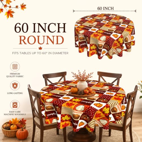 Fall Round Tablecloth 60x60 Inch Thanksgiving Pumpkin Decor with Variation Red Brown Yellow