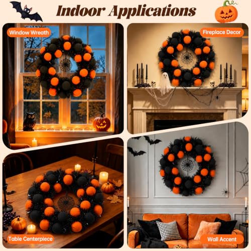 18-Inch Halloween Wreath for Front Door - Black & Orange, Foldable Halloween Decor