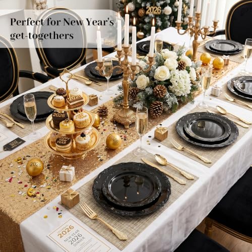 Black Plastic Dinnerware Set - 150Pcs Disposable Plates & Gold Cutlery for Party