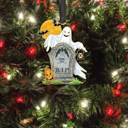 Ghost & Tombstone Halloween Ornaments - Brass Spooky Tree Decorations, Keepsake Gift, 3.15 inch, Handmade in USA