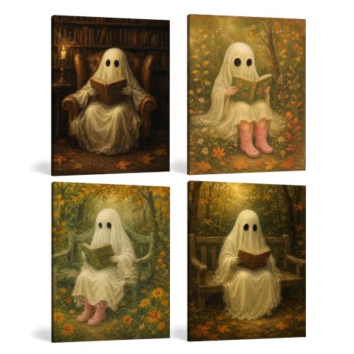 Ghost Reading Book Wall Art Decor Set of 4 - Halloween Fall Whimsical 8x10 Inch