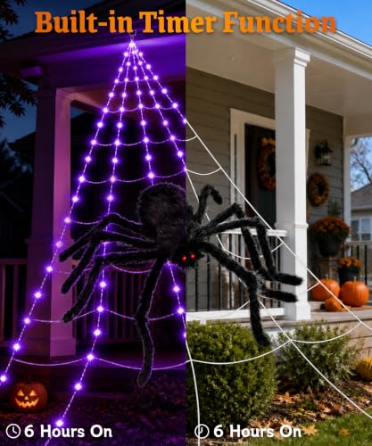Purple LED Halloween Spider Web Lights with Giant Spider - Outdoor Yard Decor