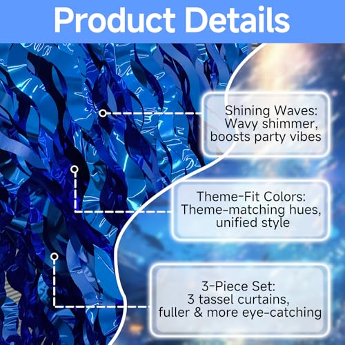 Blue Tinsel Backdrop 3-Pack Foil Fringe Curtains for Party Decorations