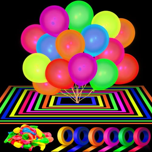 UV Neon Balloons & Gaffer Tape Set for Glow Party Decorations - 110 Pieces